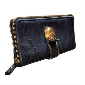 Vintage Juicy Couture Wallet Clutch Leather Black‎ Gold Zipper MOTO Locket Y2K